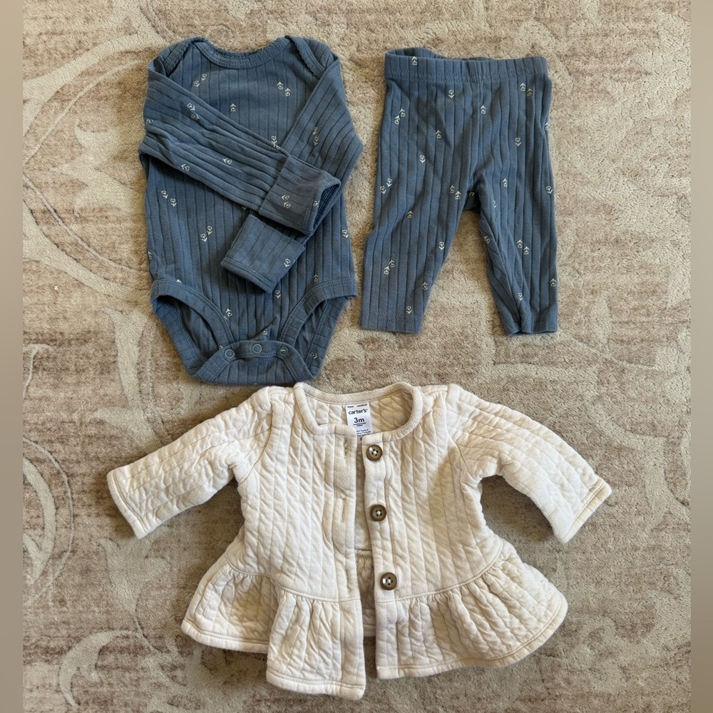 Carter’s 3M Blue Floral Ribbed Bodysuit,Matching Pants & Quilted Peplum Cardigan